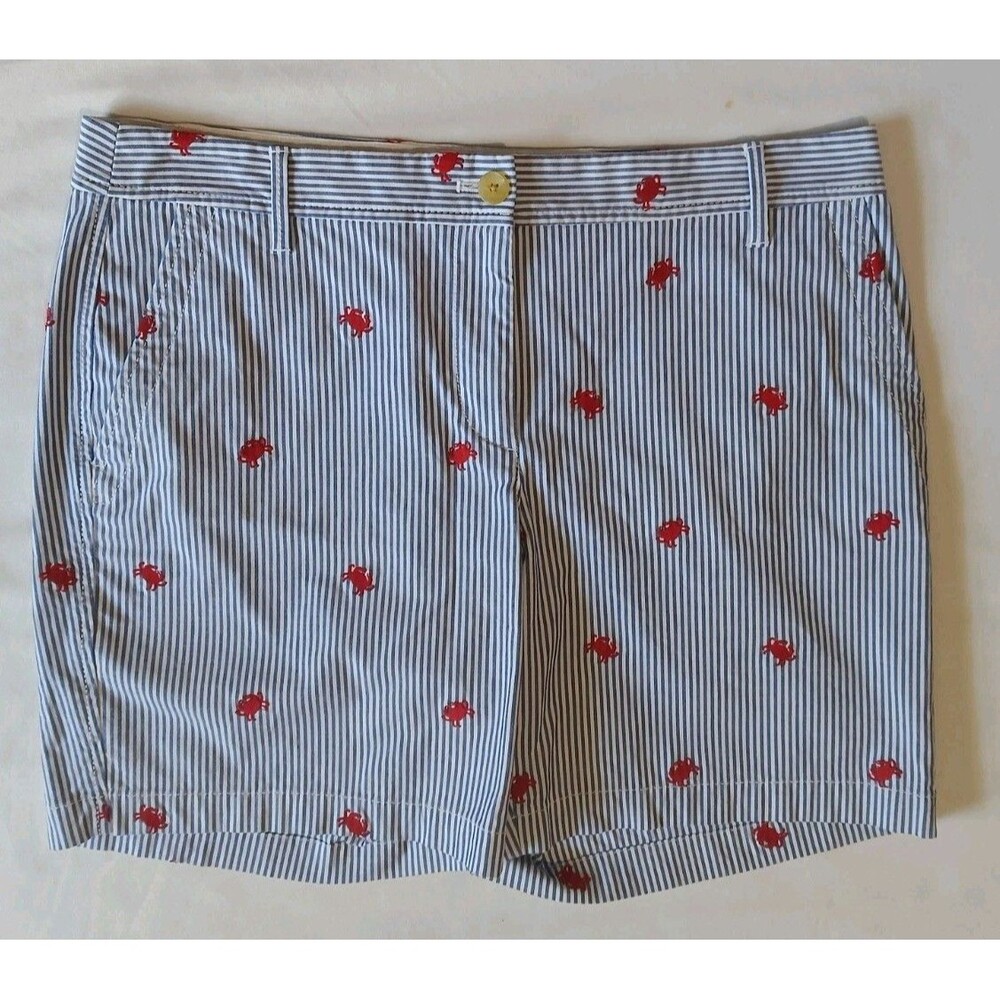 Talbots Girlfriend Chinos Short Seersucker Cotton Blue Striped Women SZ 8 Crab